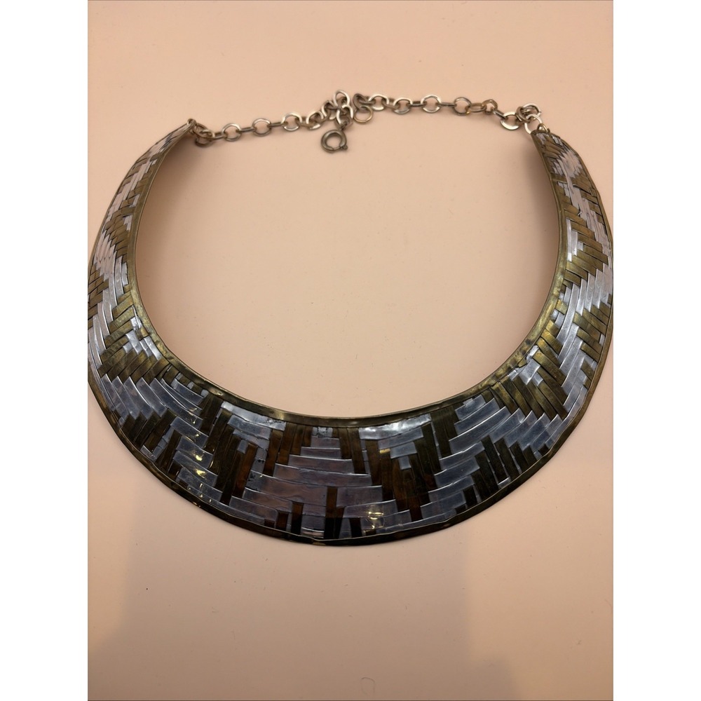 Vtg Woven Mixed Metal Silvertone Brass Choker wide Artisan India Made